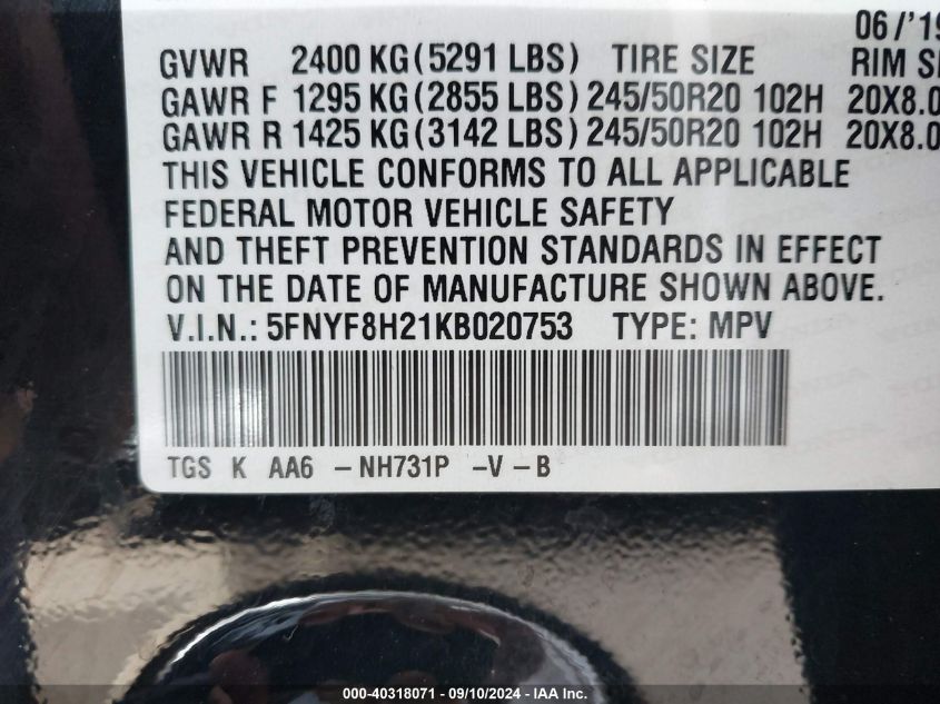 2019 Honda Passport Sport VIN: 5FNYF8H21KB020753 Lot: 40318071