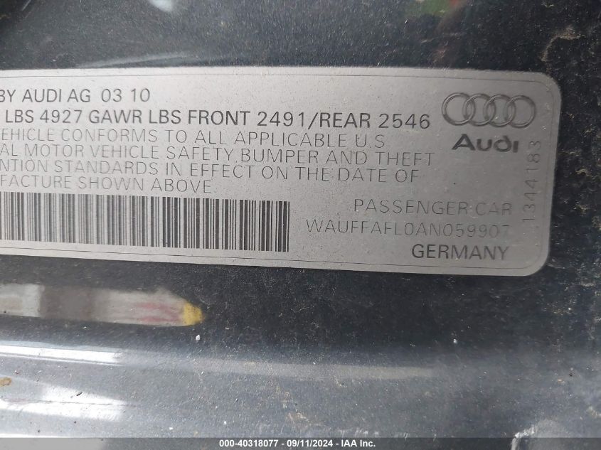 2010 Audi A4 Premium Plus VIN: WAUFFAFL0AN059907 Lot: 40318077