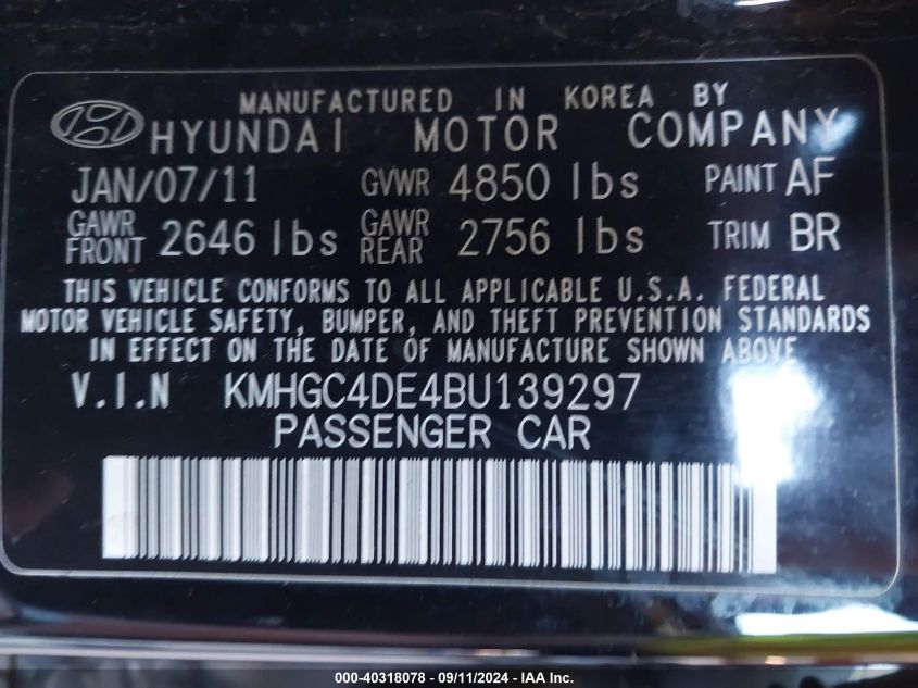 KMHGC4DE4BU139297 2011 Hyundai Genesis 3.8