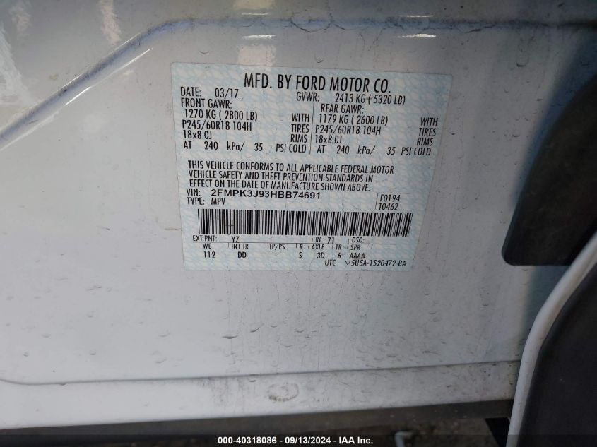 VIN 2FMPK3J93HBB74691 2017 FORD EDGE SEL