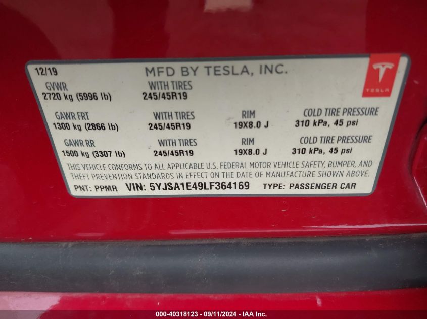 2020 Tesla Model S Performance Dual Motor All-Wheel Drive VIN: 5YJSA1E49LF364169 Lot: 40318123