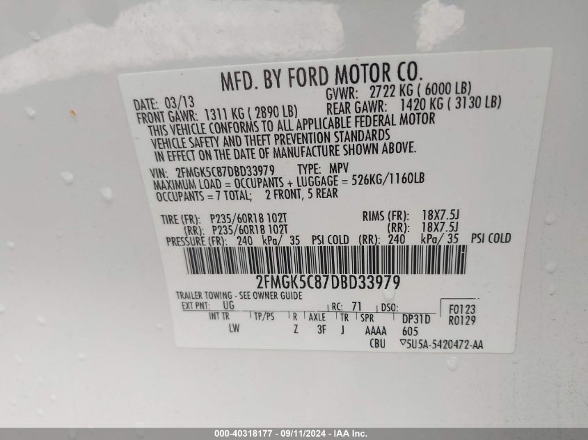 2FMGK5C87DBD33979 2013 Ford Flex Sel