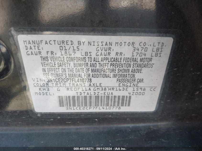 2015 Nissan Versa Note S (Sr)/S Plus/Sl/Sr/Sv VIN: 3N1CE2CP7FL410778 Lot: 40318271