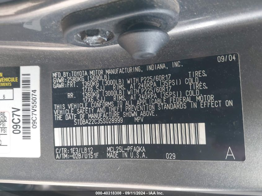 5TDBA22C35S028999 2005 Toyota Sienna Xle/Xle Limited