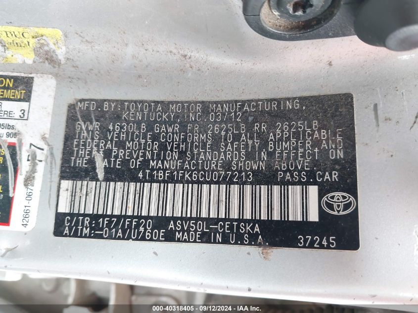 4T1BF1FK6CU077213 2012 Toyota Camry Se