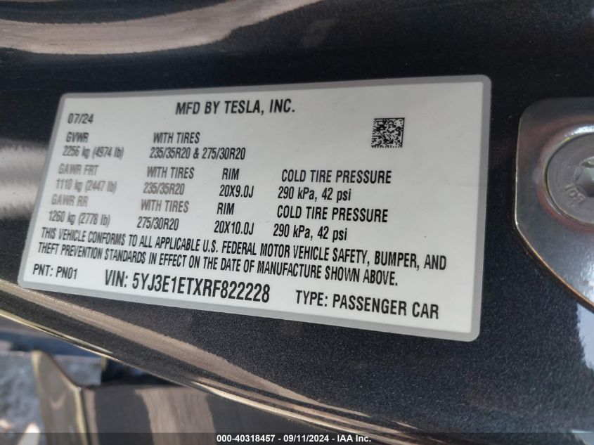 2024 Tesla Model 3 Performance VIN: 5YJ3E1ETXRF822228 Lot: 40318457