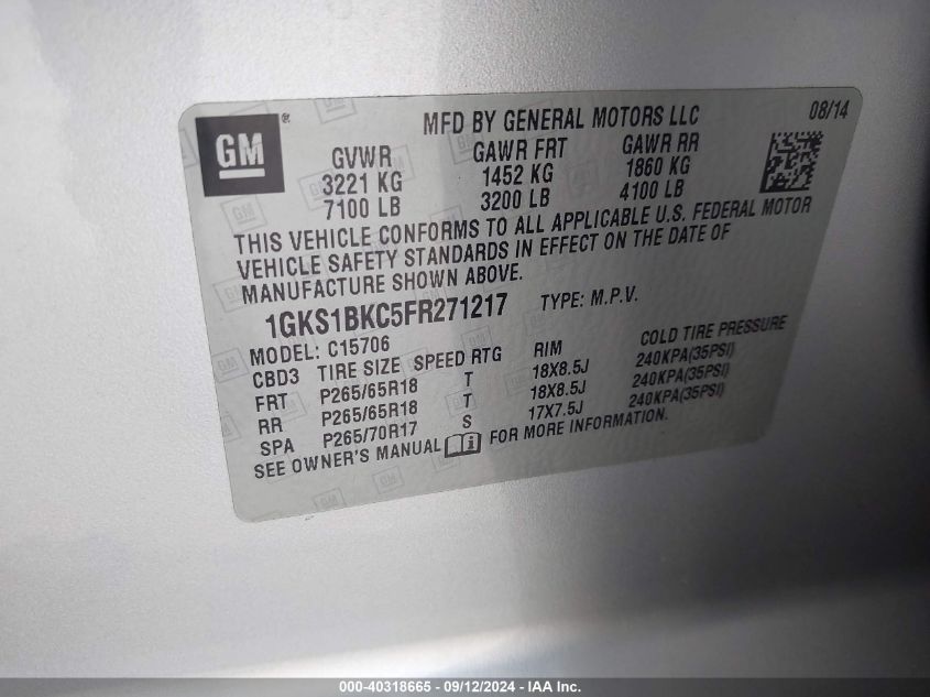 1GKS1BKC5FR271217 2015 GMC Yukon Slt