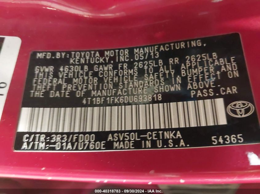 4T1BF1FK6DU693818 2013 Toyota Camry Le