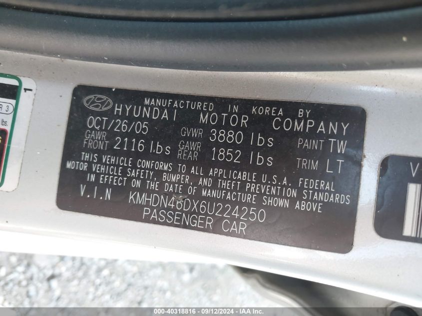 2006 Hyundai Elantra Gls/Gt/Limited VIN: KMHDN46DX6U224250 Lot: 40318816