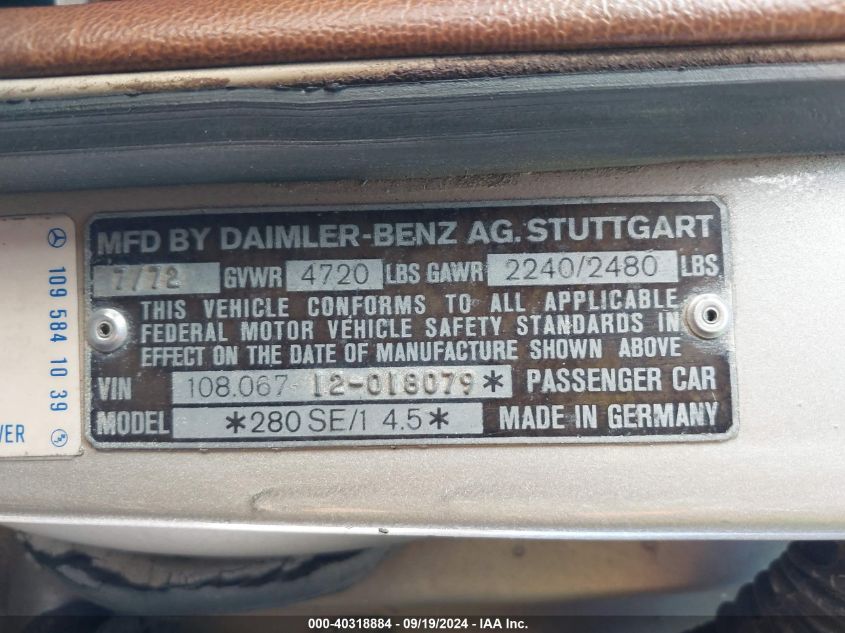 10806712018079 1973 Mercedes-Benz 280 Series