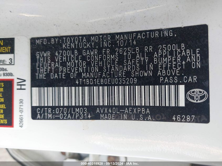 2014 Toyota Avalon Hybrid Limited VIN: 4T1BD1EB0EU035209 Lot: 40318928