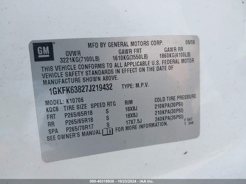 2007 GMC Yukon Denali VIN: 1GKFK63827J219432 Lot: 40318938