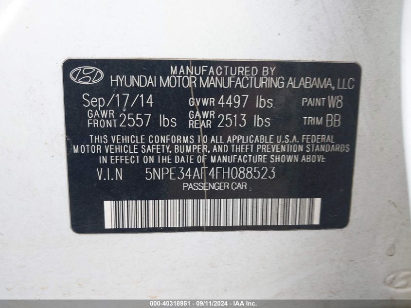 2015 Hyundai Sonata Sport/Limited VIN: 5NPE34AF4FH088523 Lot: 40318951