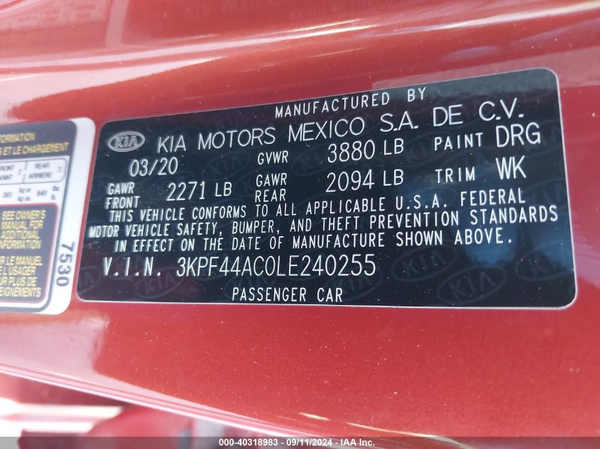 2020 Kia Forte Gt VIN: 3KPF44AC0LE240255 Lot: 40318983