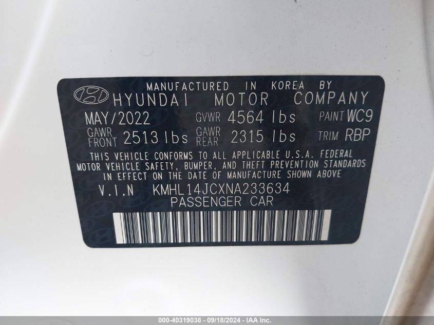 2022 Hyundai Sonata N Line VIN: KMHL14JCXNA233634 Lot: 40319038