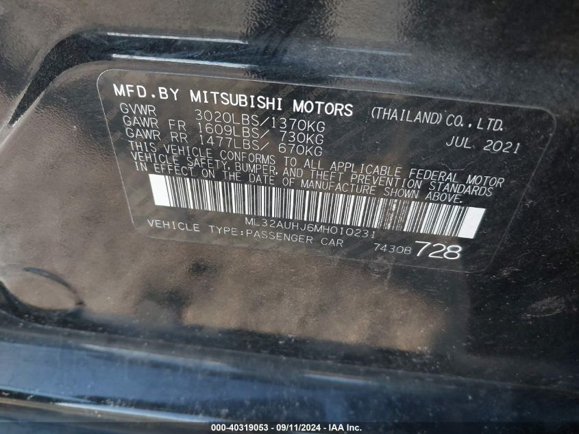 2021 Mitsubishi Mirage Es/Le/Carbonite Edition VIN: ML32AUHJ6MH010231 Lot: 40319053