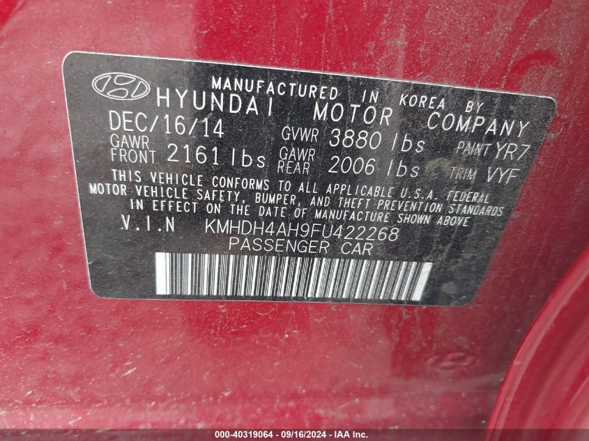 2015 Hyundai Elantra Sport VIN: KMHDH4AH9FU422268 Lot: 40319064