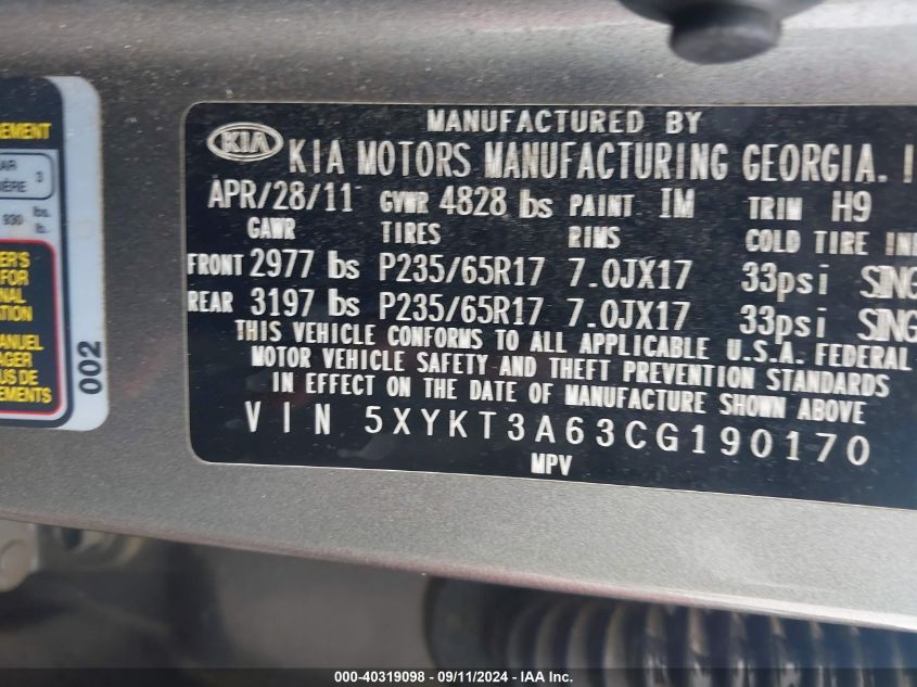 5XYKT3A63CG190170 2012 Kia Sorento Lx