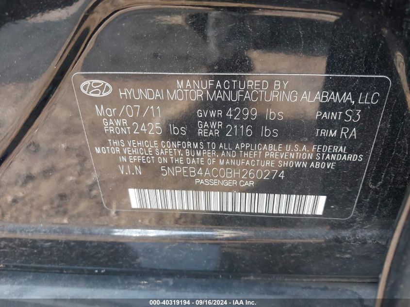 5NPEB4AC0BH260274 2011 Hyundai Sonata Gls