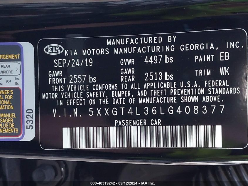 2020 Kia Optima S VIN: 5XXGT4L36LG408377 Lot: 40319242