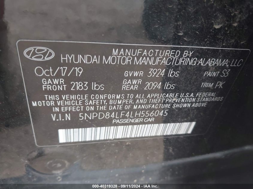 2020 Hyundai Elantra Sel VIN: 5NPD84LF4LH556045 Lot: 40319328