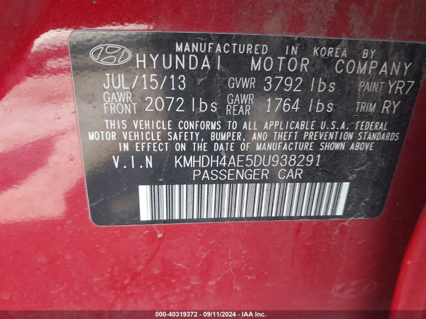 2013 Hyundai Elantra Limited VIN: KMHDH4AE5DU938291 Lot: 40319372