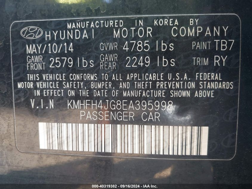 2014 Hyundai Azera Limited VIN: KMHFH4JG8EA395998 Lot: 40319382