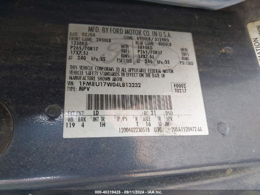 1FMEU17W04LB13232 2004 Ford Expedition Eddie Bauer