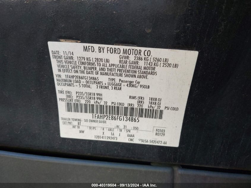 1FAHP2E86FG134865 2015 Ford Taurus Sel