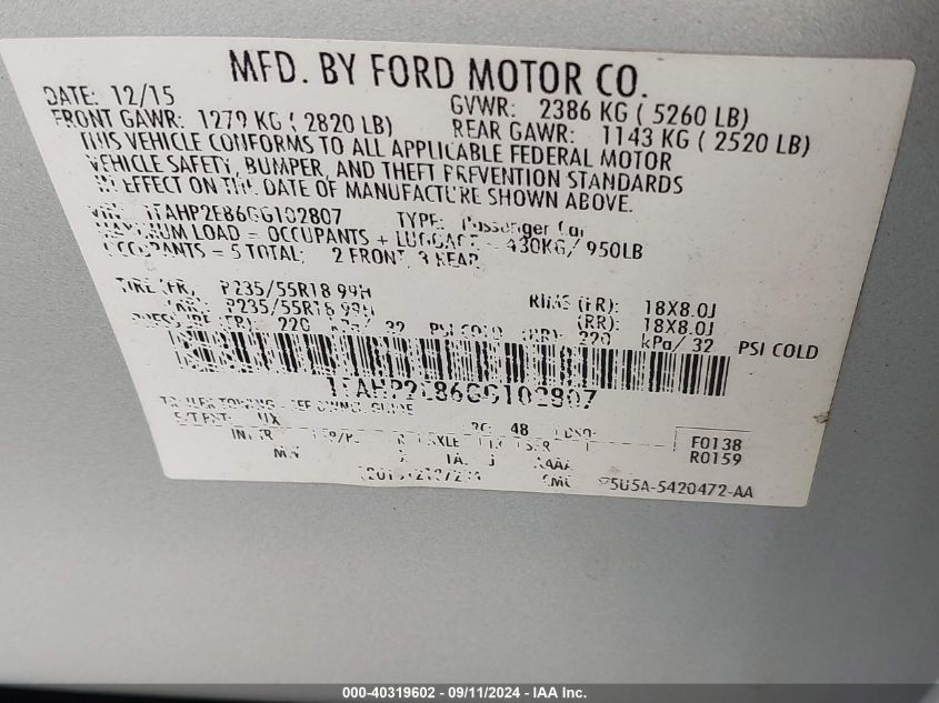 1FAHP2E86GG102807 2016 Ford Taurus Sel