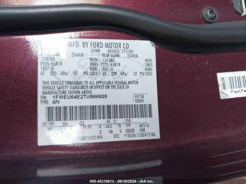 1FMEU64E27UB66926 2007 Ford Explorer Eddie Bauer