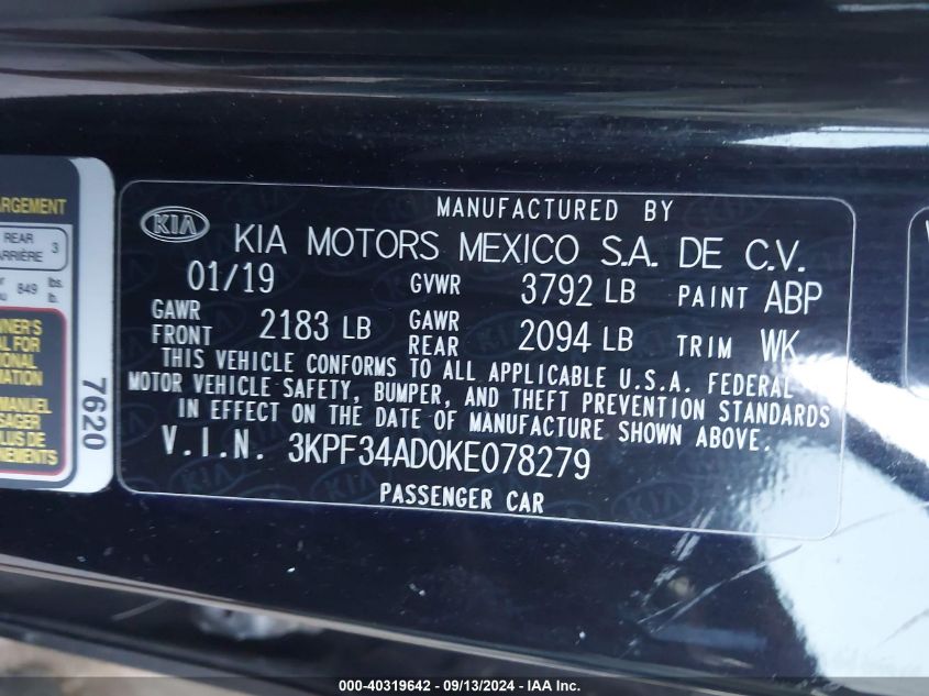 2019 Kia Forte S VIN: 3KPF34AD0KE078279 Lot: 40319642