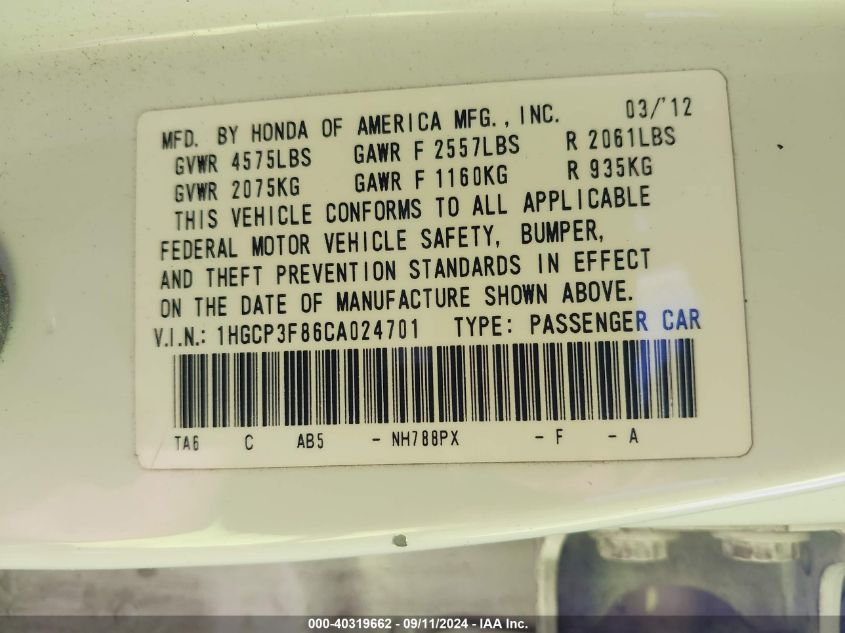 1HGCP3F86CA024701 2012 Honda Accord 3.5 Ex-L