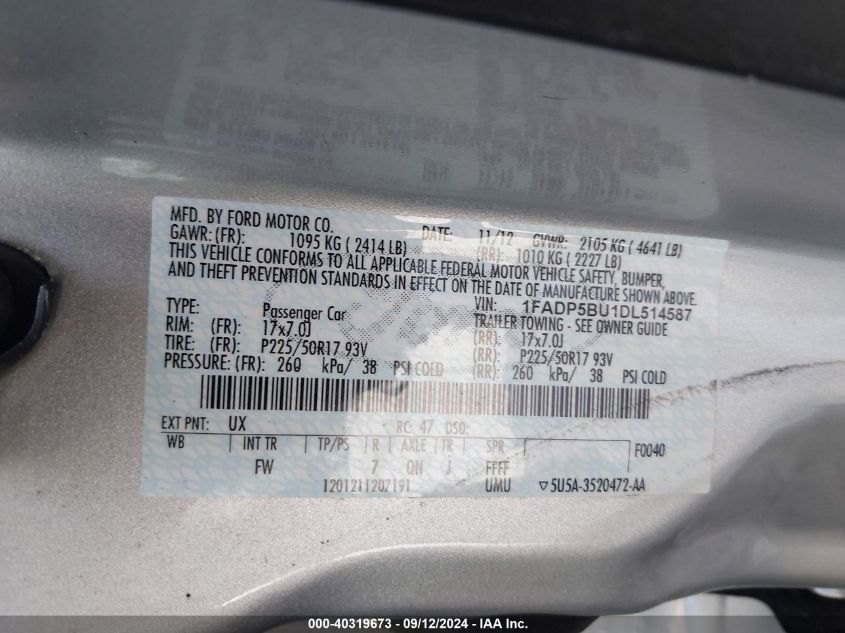 2013 Ford C-Max Hybrid Sel VIN: 1FADP5BU1DL514587 Lot: 40319673