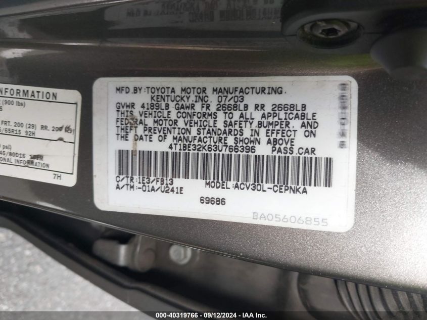 4T1BE32K63U766396 2003 Toyota Camry Le/Xle/Se