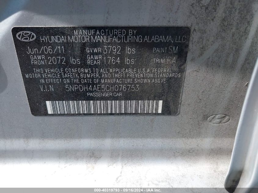 5NPDH4AE5CH076753 2012 Hyundai Elantra Gls