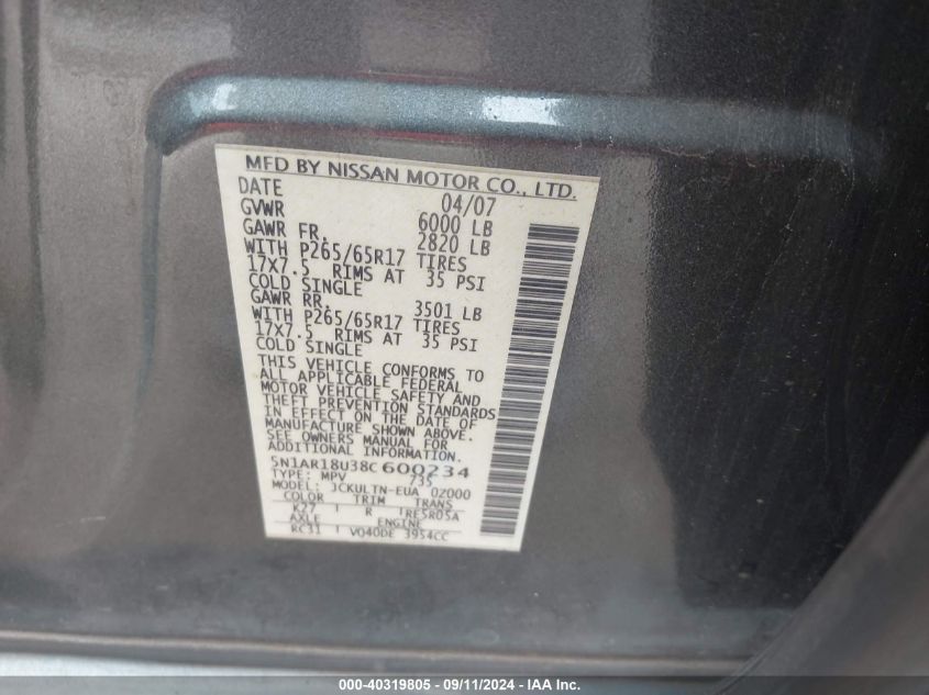 5N1AR18U38C600234 2008 Nissan Pathfinder Se