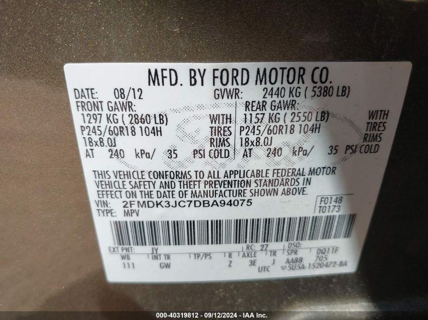 VIN 2FMDK3JC7DBA94075 2013 Ford Edge, Sel no.9