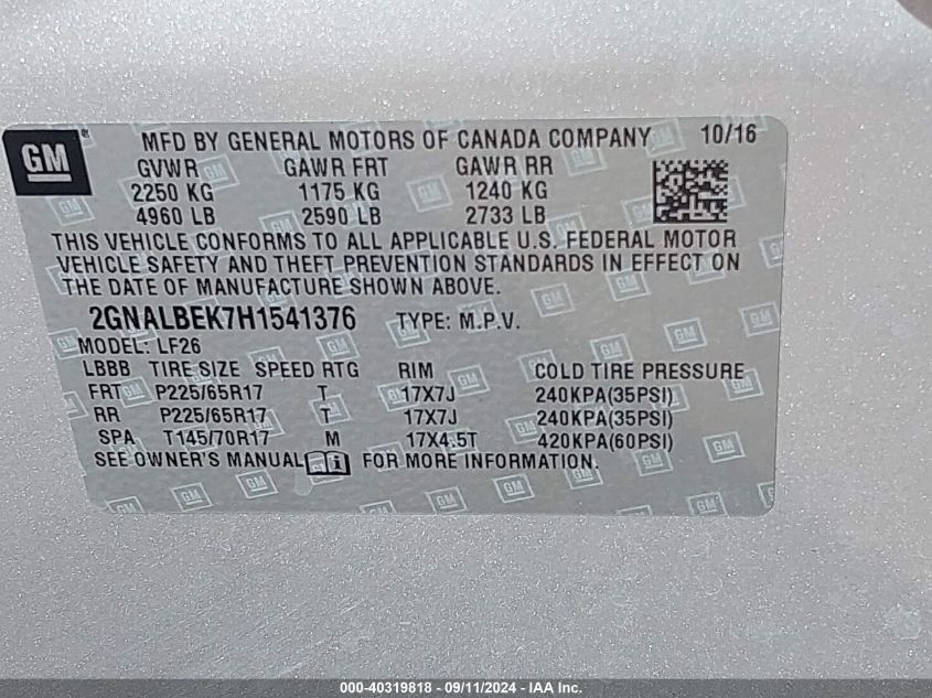 2GNALBEK7H1541376 2017 Chevrolet Equinox Ls