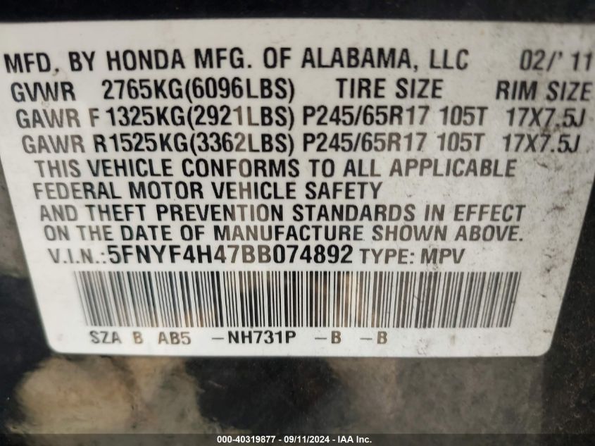 2011 Honda Pilot Ex VIN: 5FNYF4H47BB074892 Lot: 40319877