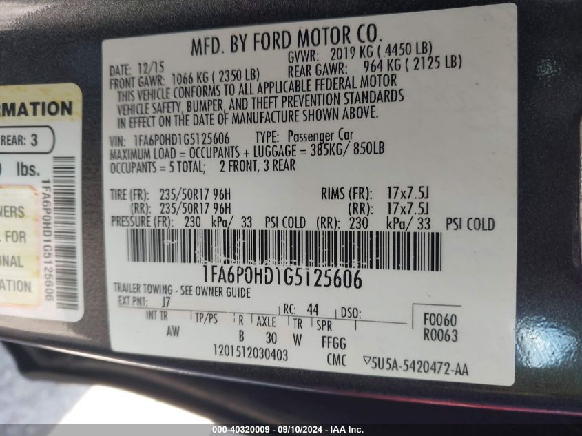 2016 Ford Fusion Se VIN: 1FA6P0HD1G5125606 Lot: 40320009