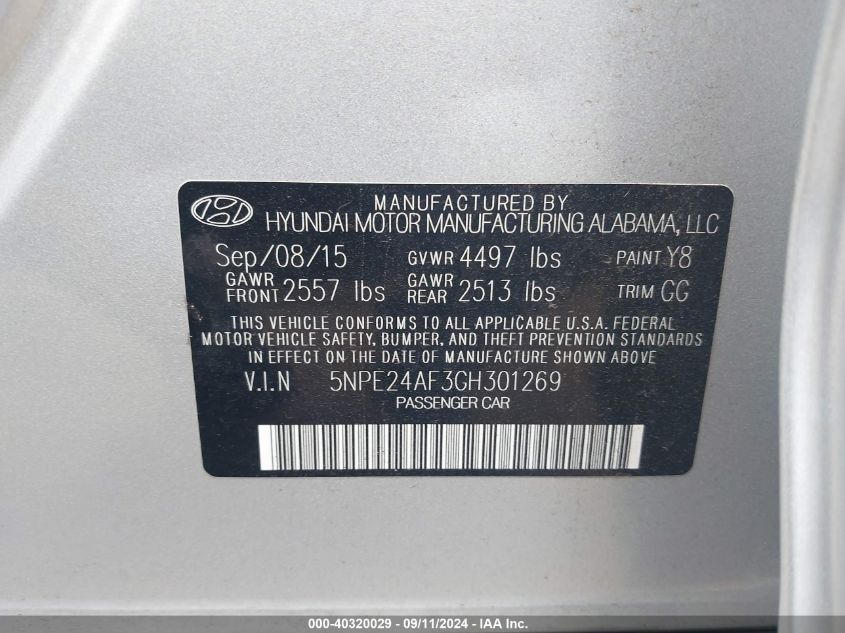 2016 Hyundai Sonata Se VIN: 5NPE24AF3GH301269 Lot: 40320029