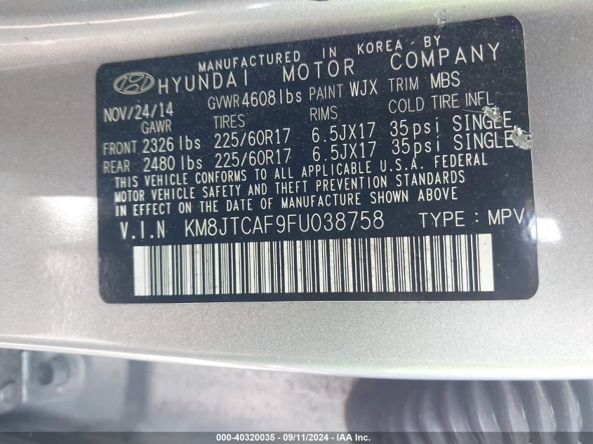 KM8JTCAF9FU038758 2015 Hyundai Tucson Gls