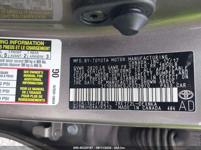 2018 TOYOTA COROLLA LE - 2T1BURHE6JC033870