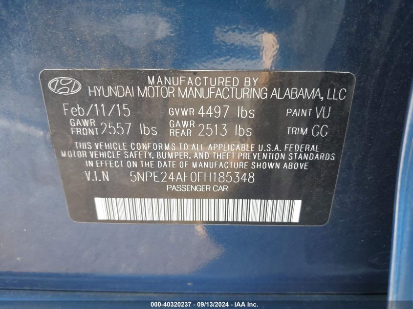 2015 Hyundai Sonata Se VIN: 5NPE24AF0FH185348 Lot: 40320237