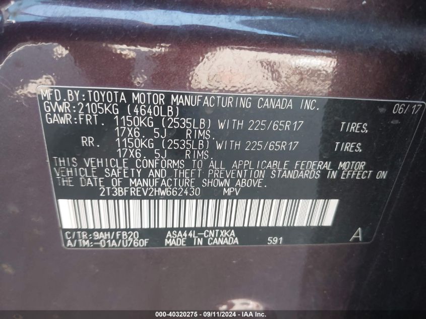 2T3BFREV2HW662430 2017 Toyota Rav4 Le