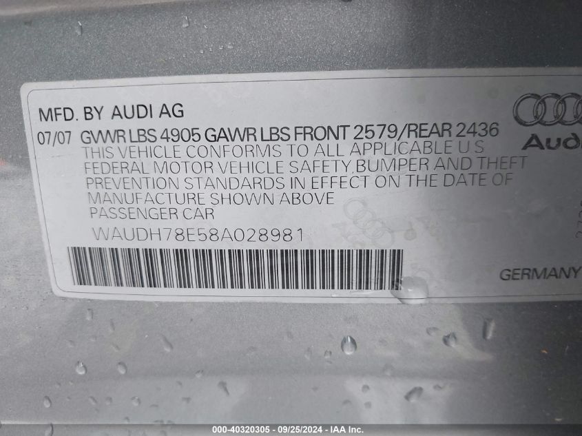 2008 Audi A4 3.2 VIN: WAUDH78E58A028981 Lot: 40320305