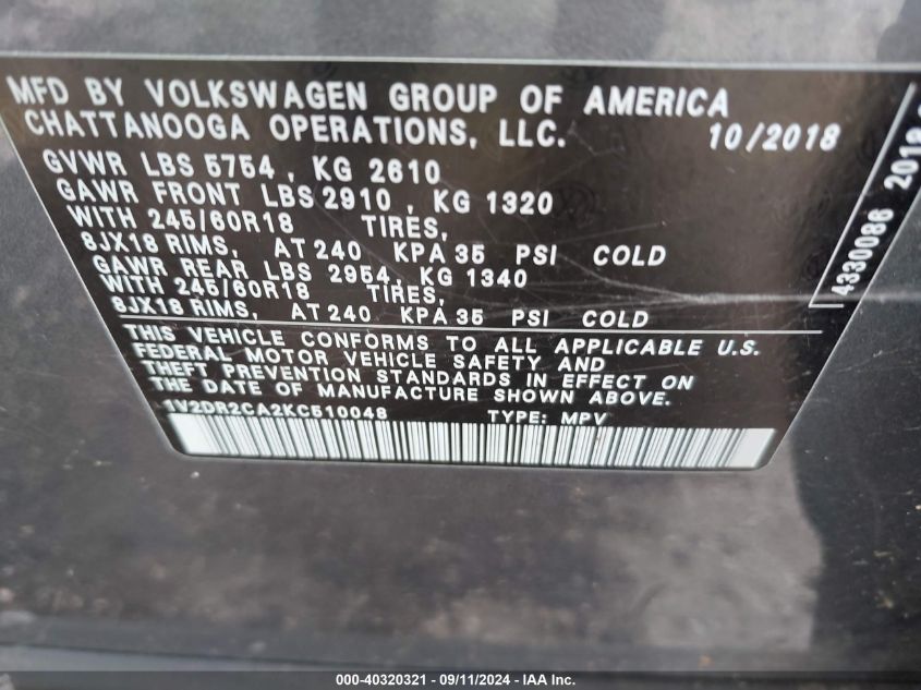 1V2DR2CA2KC510048 2019 Volkswagen Atlas 3.6L V6 Se