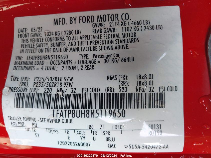 2022 Ford Mustang Ecoboost Premium VIN: 1FATP8UH8N5119650 Lot: 40320370