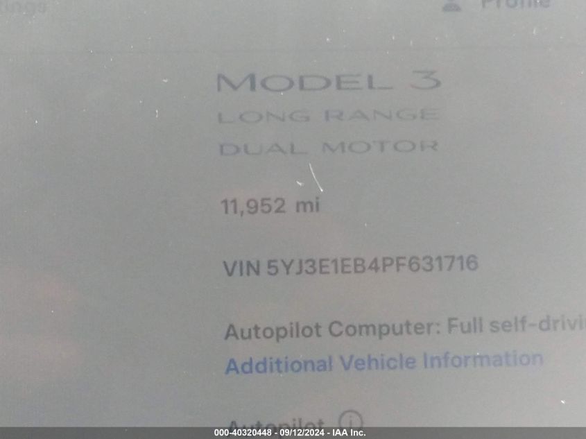 2023 Tesla Model 3 VIN: 5YJ3E1EB4PF631716 Lot: 40320448